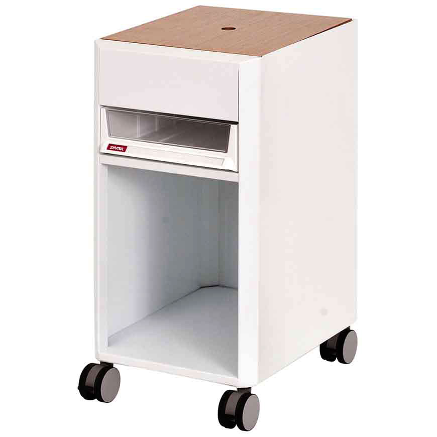 Discreet storage is the key in this cleverly designed mobile office filing cabinet.