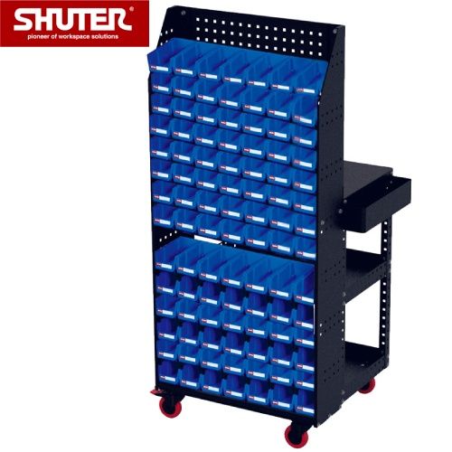Double Sided Floor Rack Bin Organizer with 15 x 8 x 7 Blue Bins H