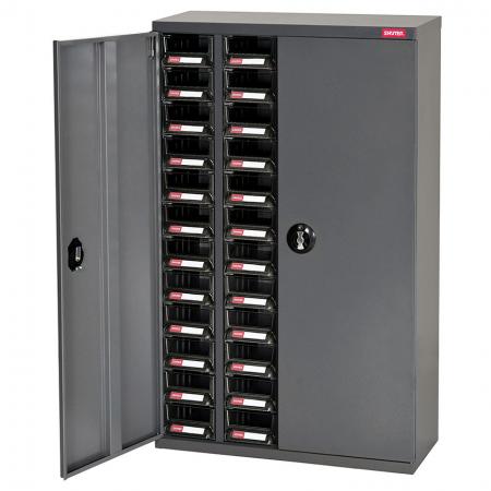 ESD Antistatischer Metall-Aufbewahrungswerkzeugschrank für elektronische Geräte - Türen, 48 Schubladen in 4 Spalten - Dieser antistatische ESD-Aufbewahrungsschrank verfügt über abschließbare Türen für zusätzliche Sicherheit.