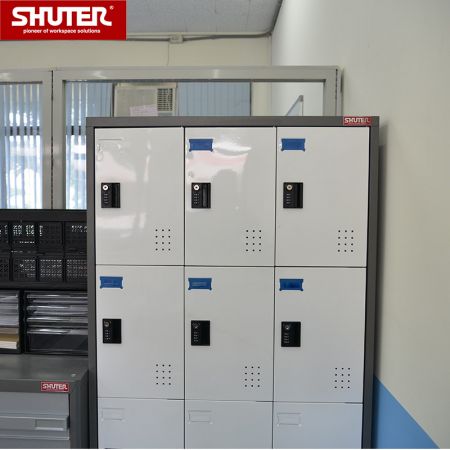 SHUTER metal storage locker with 9  compartments in office