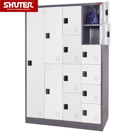 Metal Mixed Locker for Secure Storage - 13 Doors in 4 Columns - Metal  Storage Locker with Multiple configurations, 13 Compartments | Custom  Garage Organization Systems Manufacturer | SHUTER