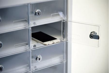 kabinet besi SHUTER dengan pintu transparan untuk ponsel