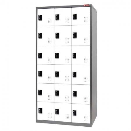 Gabinete de metal con cerradura, 6 niveles, 18 compartimentos - Armario de almacenamiento de metal, 6 niveles, 18 compartimentos