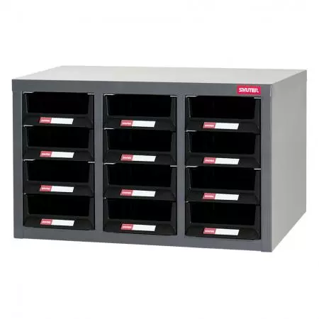 Metal Storage Parts Cabinet for Use in Industrial Workspaces - 12 Drawers in 3 Columns - Industrial storage cabinet with drawers for storing hardware items.