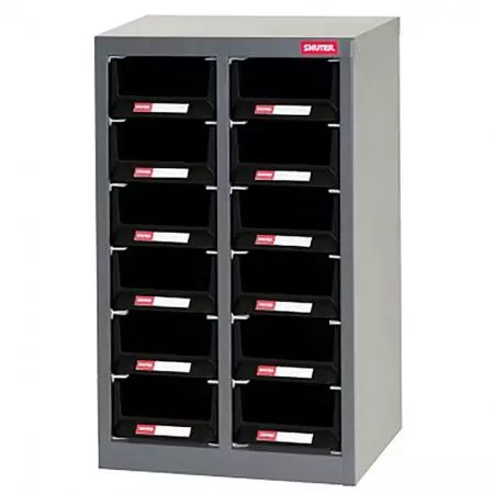 Metal Storage Parts Cabinet for Use in Industrial Workspaces - 12 Drawers in 2 Columns - SHUTER design parts cabinet for the storage of small industrial items.