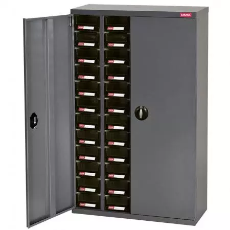 Metal Storage Parts Cabinet with Doors for Use in Industrial Workspaces - 48 Drawers in 4 Columns - Organize your workspace with this lockable, private SHUTER steel parts cabinet.