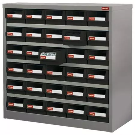 Metal Storage Parts Cabinet for Use in Industrial Workspaces - 30 Drawers in 5 Columns - No-drop drawers are a key feature of this SHUTER industrial parts cabinet crafted from steel.