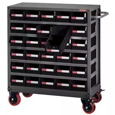 Metal Storage Parts Cabinet for Industrial Workspace Use - 30 Drawers in 5 Columns, Wheels, Handle - Drawer-style storage cabinet on caster and with handle for use in industrial settings.