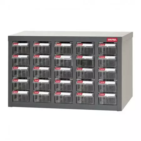 Metal Storage Parts Cabinet for Use in Industrial Workspaces - 25 Drawers in 5 Columns - SHUTER combines industrial strength and good looks in this drawer cabinet for small parts.
