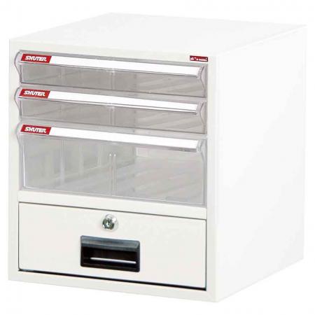 Desktop cabinet with 3 plastic drawers and 1 lock drawer in 1 column for A4 paper (1 drawer 5.9L & 2 drawers 2.7L)