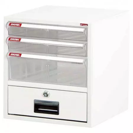 Desktop cabinet with 3 plastic drawers and 1 lock drawer in 1 column for A4 paper (1 drawer 5.9L & 2 drawers 2.7L) - With transparent drawers and a lockable cabinet, this is the perfect desktop filing system.