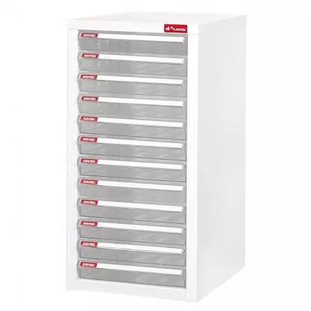 Lemari Bawah dengan 12 laci plastik dalam 1 kolom untuk kertas A4 (2,7L per laci) - Lemari laci bening untuk katalogisasi dokumen dan file seperti perpustakaan.