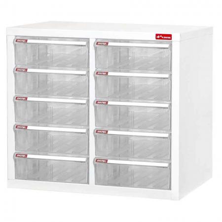 Desktop cabinet with 10 plastic drawers in 2 columns for A4 paper (5.9L per drawer) - Mini steel filing cabinet with clear drawers that acts like a library for the storing of documents in the office or workplace.