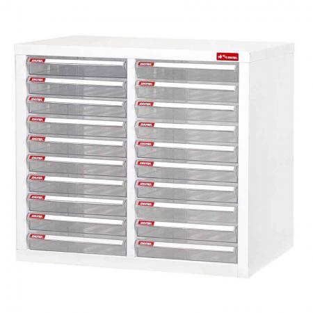Desktop cabinet with 20 plastic drawers in 2 columns for A4 paper (2.7L per drawer) - A4 file storage system with plastic drawers in a multi-layer arrangement all situated in an open-face metal cabinet.
