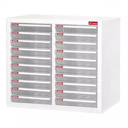 Desktop cabinet with 20 plastic drawers in 2 columns for A4 paper (2.7L per drawer) - A4 file storage system with plastic drawers in a multi-layer arrangement all situated in an open-face metal cabinet.