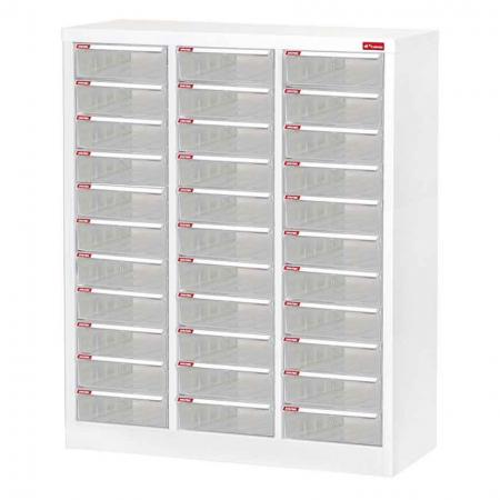 Floor Cabinet with 33 plastic drawers in 3 columns for A4 paper (5.9L per drawer)