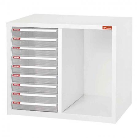 Desktop cabinet with 9 plastic drawers and 1 cubby in 2 columns  (2.7L per drawer)