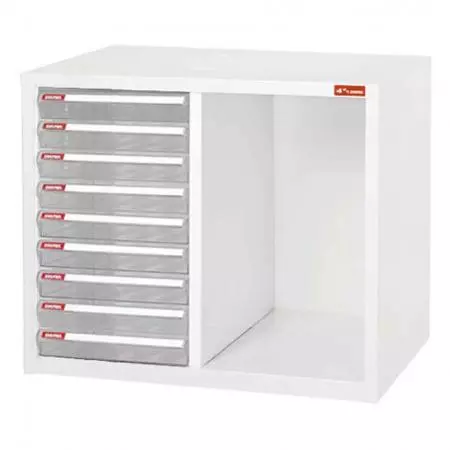 Desktop cabinet with 9 plastic drawers and 1 cubby in 2 columns (2.7L per drawer) - Office storage collection of steel cabinets for folder and file organisation.