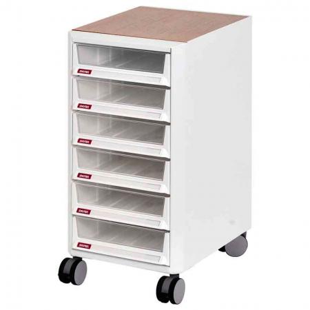 Rollcontainer für Büroaufbewahrung mit Holzplatte und Rollen - 6 Schubladen im A4X-Format - Robuste Schubladen dominieren diesen praktischen mobilen Aufbewahrungswagen, der ideal für moderne Großraumbüros geeignet ist.