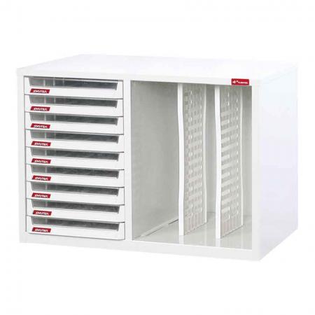 Desktop cabinet with 9 plastic drawers in 1 column and 2 dividers in 3 columns (3L per drawer)