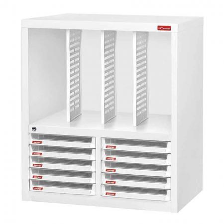 Gabinete de suelo con 10 cajones de plástico en 2 columnas y 3 separadores en 4 columnas (3L por cajón)