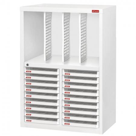 Tủ sàn với 18 ngăn nhựa trong 2 cột và 3 ngăn chia trong 4 cột (3L mỗi ngăn) - Với hai loại hệ thống lưu trữ trong một đơn vị đơn giản, tủ đặc biệt này có thể đáp ứng nhiều nhu cầu lưu trữ văn phòng hoặc công nghiệp khác nhau.