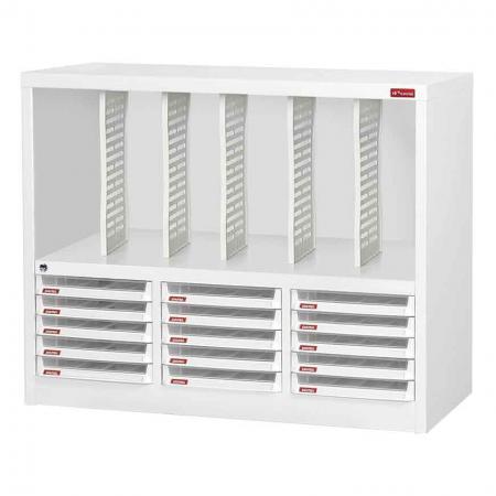 Floor Cabinet with 15 plastic drawers in 3 columns and 5 dividers in 6 columns (3L per drawer)