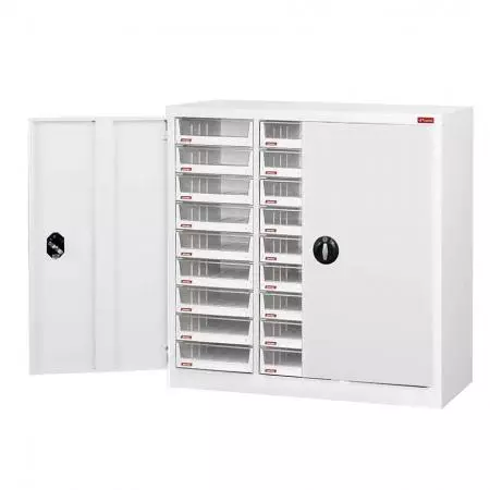 Lemari Bawah dengan pintu, 27 laci dalam 3 kolom untuk kertas A4 (6,6L per laci) - Unit pribadi ini yang memiliki pintu yang dapat dikunci sangat cocok untuk menyimpan alat tulis, dokumen, dan barang pribadi yang sensitif.