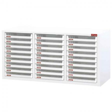 Desktop cabinet with 27 plastic drawers in 3 columns for A4 paper (3L per drawer)