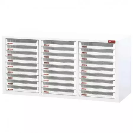 Desktop cabinet with 27 plastic drawers in 3 columns for A4 paper (3L per drawer) - Get this cabinet to hasten the chore of filing in your office or home–an office staple.