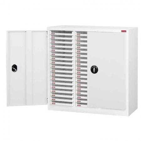 Lemari Lantai dengan pintu, 54 laci plastik dalam 3 kolom untuk kertas A4 (3L per laci) - Unit penyimpanan laci pintu yang dapat dikunci yang cukup aman untuk penyimpanan di area komersial umum atau pribadi di rumah.