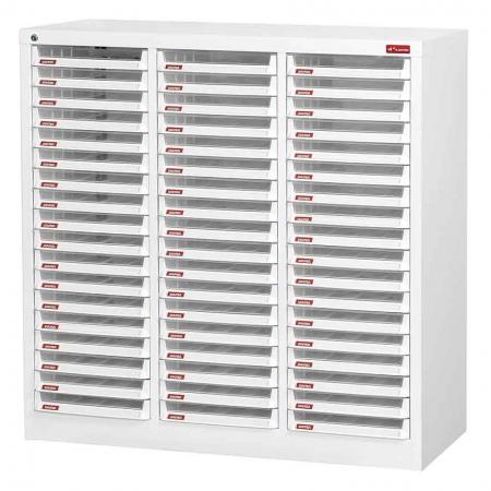 Armario de suelo con 54 cajones de plástico en 3 columnas para papel A4 (3L por cajón) - Organízate con la gran gama de eficientes sistemas de almacenamiento de archivos de SHUTER.