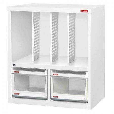 Floor Cabinet with 4 plastic drawers in 2 columns and 3 dividers in 4 columns (2 drawers 14L & 2 drawers 3L)