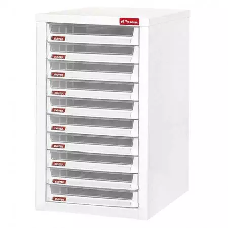 Desktop cabinet with 10 plastic drawers in 1 column for B4 paper (3.6L per drawer) - No more messy piles of files with this super steel filing system by SHUTER.
