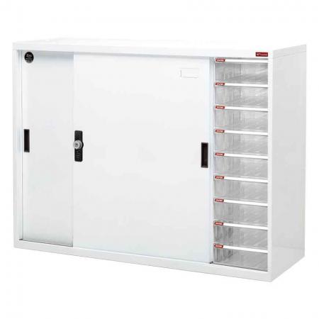 Tủ tài liệu khóa lớn với cửa kim loại và 9 ngăn kéo, chiều rộng 1180mm - Tủ tài liệu này có cửa trượt, hoàn hảo cho nhu cầu lưu trữ tài liệu và văn phòng phẩm đa dụng.