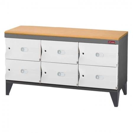 Office Storage Credenza with Wooden Top for Shoes or Office Storage - 6 Small Doors in 3 Columns - With six handy doors, this space cabinet features a lovely wooden top for stylish storage.