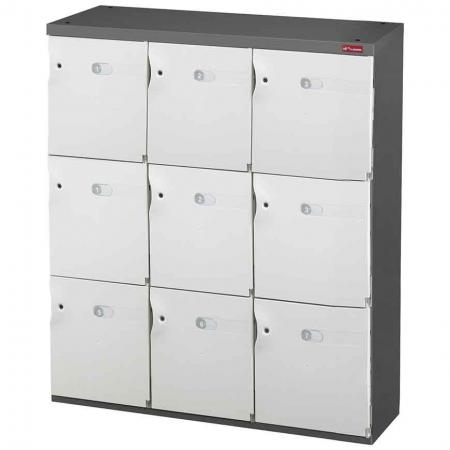 خزانة تخزين للأحذية أو تخزين المكتب - 9 أبواب متوسطة في 3 أعمدة - تناسب هذه الخزانة بشكل جيد في تصميم المكتب أو المنزل وهي مثالية لتخزين الأغراض الشخصية.