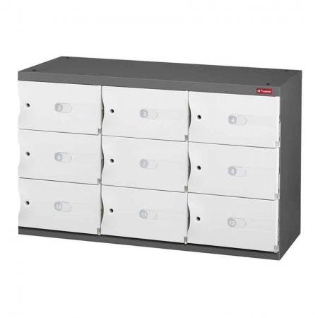 Office Storage Credenza for Shoes or Office Storage - 9 Small Doors in 3 Columns - A credenza with lockable doors for storing personal items or files.