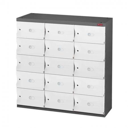 Kredensa Penyimpanan Kantor untuk Sepatu atau Penyimpanan Kantor - 15 Pintu Kecil dalam 3 Kolom - Sistem penyimpanan yang aman dan bergaya yang Anda butuhkan di ruang lumpur, foyer kantor, atau ruang staf.