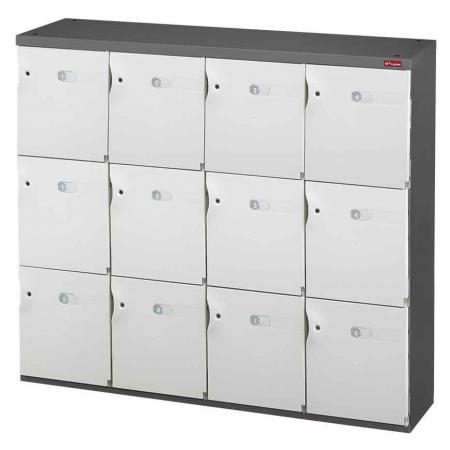 Büro-Schrank für Schuhe oder Bürobedarf - 12 mittelgroße Türen in 4 Spalten - Ein Schrank mit abschließbaren Türen und magnetischen Verschlüssen zur sicheren Aufbewahrung persönlicher Gegenstände.
