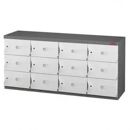 Credenza Penyimpanan Kantor untuk Sepatu atau Penyimpanan Kantor - 12 Pintu Kecil dalam 4 Kolom - Kabinet kontemporer yang dilengkapi dengan pintu ABS yang kuat dan dapat dikunci.