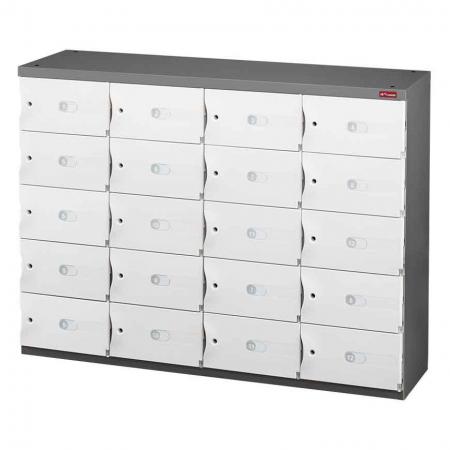 Office Storage Credenza for Shoes or Office Storage - 20 Small Doors in 4 Columns - A steel storage credenza with functional and secure lockers.