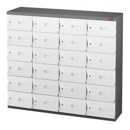 Credenza de armazenamento de escritório para sapatos ou armazenamento de escritório - 24 portas pequenas em 4 colunas - Cofres seguros equipados com portas de ABS são uma característica chave dessas credenzas de escritório SHUTER.