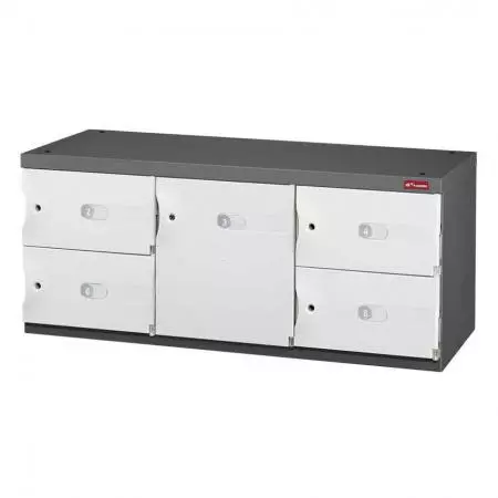 Credenza Penyimpanan Kantor Pintu Campuran untuk Sepatu atau Penyimpanan Kantor - 1 Pintu Sedang dan 4 Pintu Kecil dalam 3 Kolom - Biarkan SHUTER membantu Anda menyimpan barang-barang pribadi Anda dengan aman menggunakan credenza penyimpanan yang dirancang dengan indah ini.