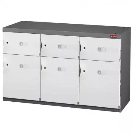 Credenza Penyimpanan Kantor Pintu Campuran untuk Sepatu atau Penyimpanan Kantor - 3 Pintu Sedang dan 3 Pintu Kecil dalam 3 Kolom - Cara terbaik untuk menjaga barang-barang pribadi staf atau pengunjung tetap aman adalah di dalam kabinet ruang SHUTER ini.