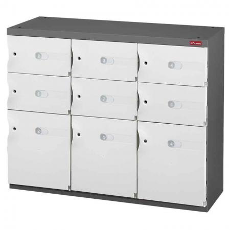 خزانة تخزين مكتبية متعددة الأبواب للأحذية أو التخزين المكتبي - 3 أبواب متوسطة و 6 أبواب صغيرة في 3 أعمدة