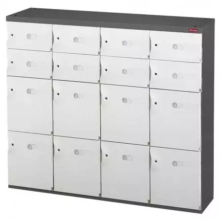Credenza Penyimpanan Kantor Pintu Campuran untuk Sepatu atau Penyimpanan Kantor - 8 Pintu Sedang dan 8 Pintu Kecil dalam 4 Kolom - SHUTER didedikasikan untuk menjaga barang-barang Anda tetap aman dengan unit penyimpanan kantor yang indah ini.
