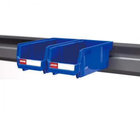 Use a rack to install hanging bins on a workbench or SHUTER's MS-HB mobile cart.