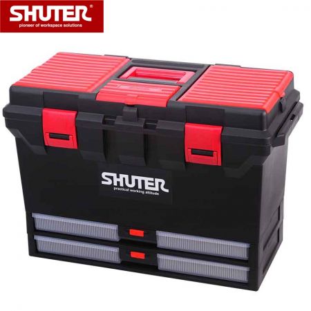 27L पेशेवर टूल बॉक्स जिसमें 1 ट्रे, 2 ड्रायर और प्लास्टिक ताले हैं - 1 ट्रे, 2 ड्रायर और मजबूत प्लास्टिक लॉक्स वाला SHUTER गहरा टूल बॉक्स