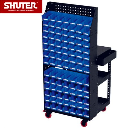 Large Tool Cart with 3 Shelves, Double Sided Pegboard & Hanging Bins, Height 1,684 mm - Large Tool Cart with 3 Shelves, Double Sided Pegboard & Hanging Bins, Height 1,684 mm